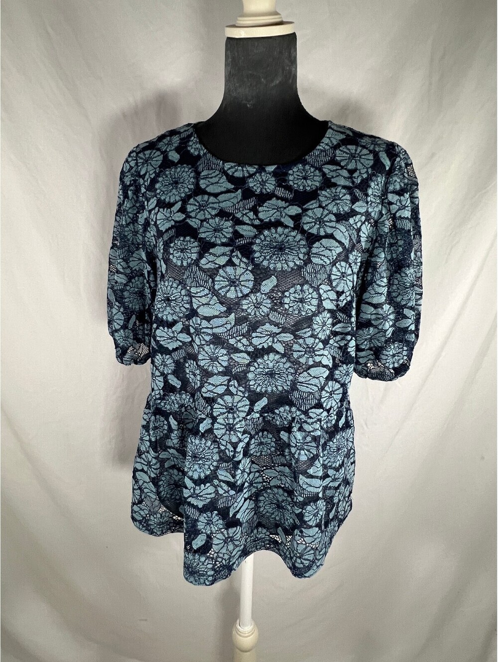 Dolan Blue Floral Lace Peplum Puff Sleeve Sheer Blouse Anthropologie